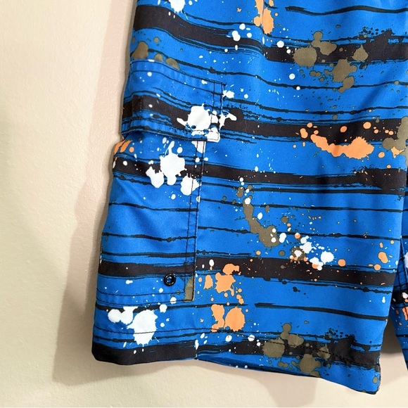 Blue & Orange Paint Splatter Striped Kids Swim Trunks w Mesh Lining - Picture 4 of 12
